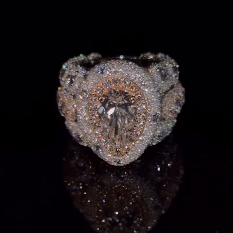 Handmade 5ct Pear Cut With 12ct Side Stones Halo Pave Set Men's Rings