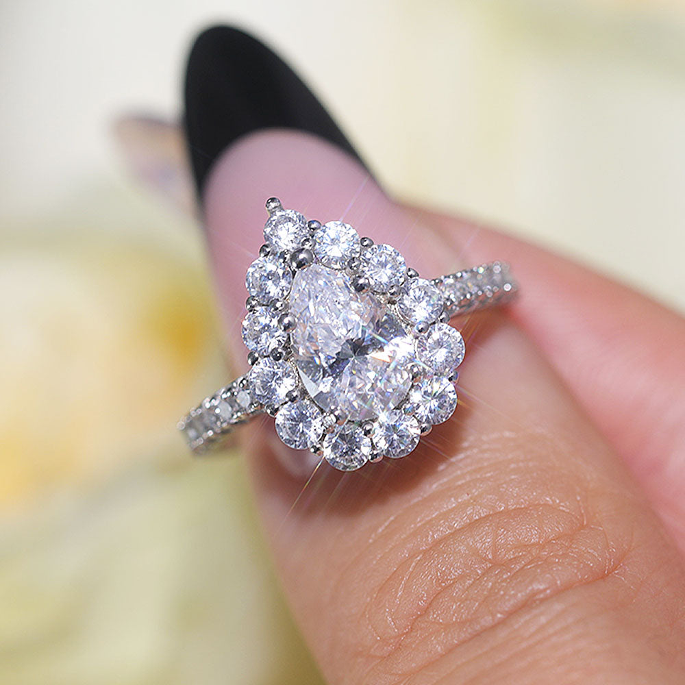 Stunning Pear Cut Halo Design Sterling Silver Engagement Ring
