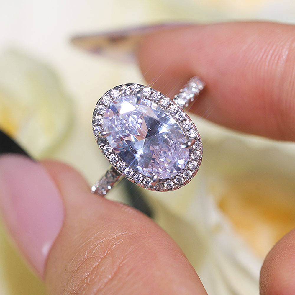 Stunning Oval Cut Halo Design Sterling Silver Engagement Ring
