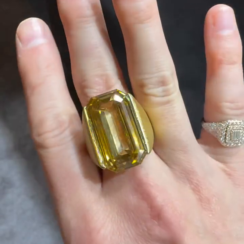 Handmade 25ct Emerald Cut Yellow Sapphire Yellow Gold Sand-Blasted Men's Ring