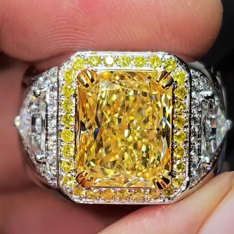 Fancy 7ct Radiant Cut Yellow Sapphire Halo Handmade Men's Ring