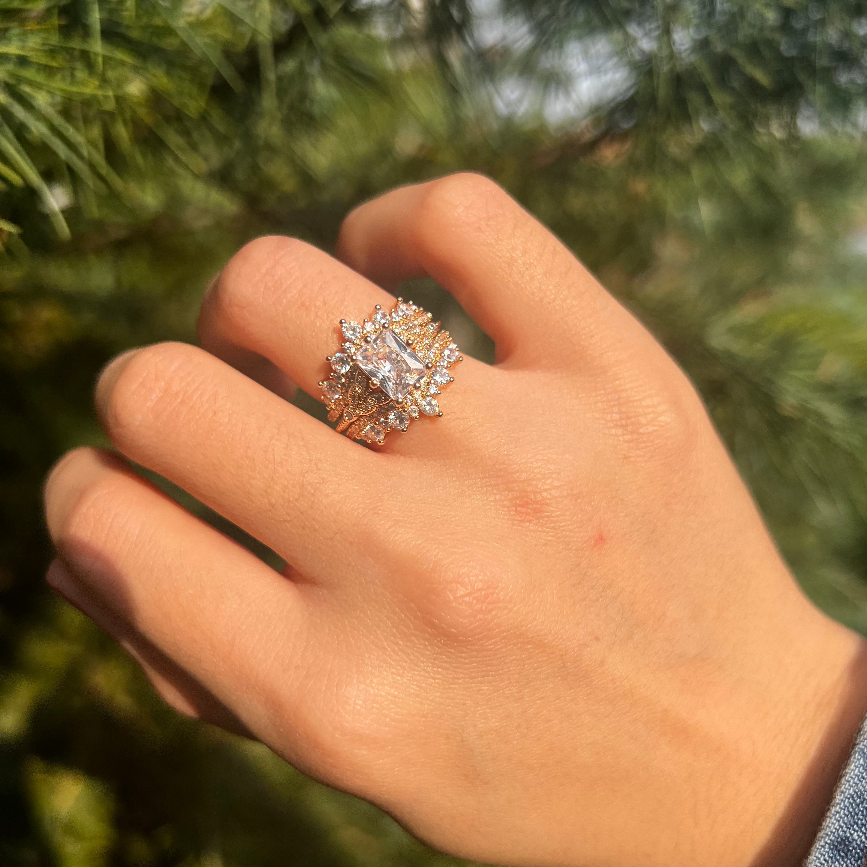 2 Pcs Radiant Cut Enhancer Rose Golden Tone Wedding Bridal Set