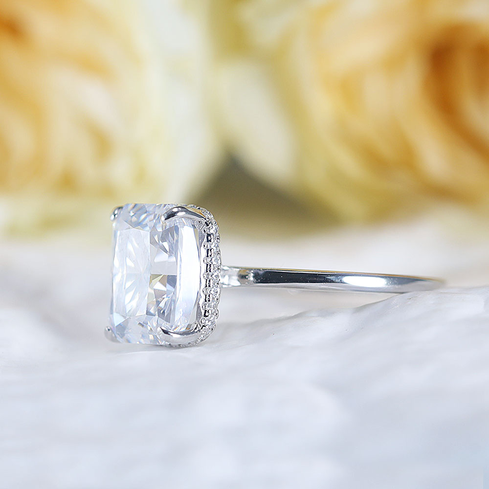 Stunning Hidden Halo Design Radiant Cut Sterling Silver Engagement Ring