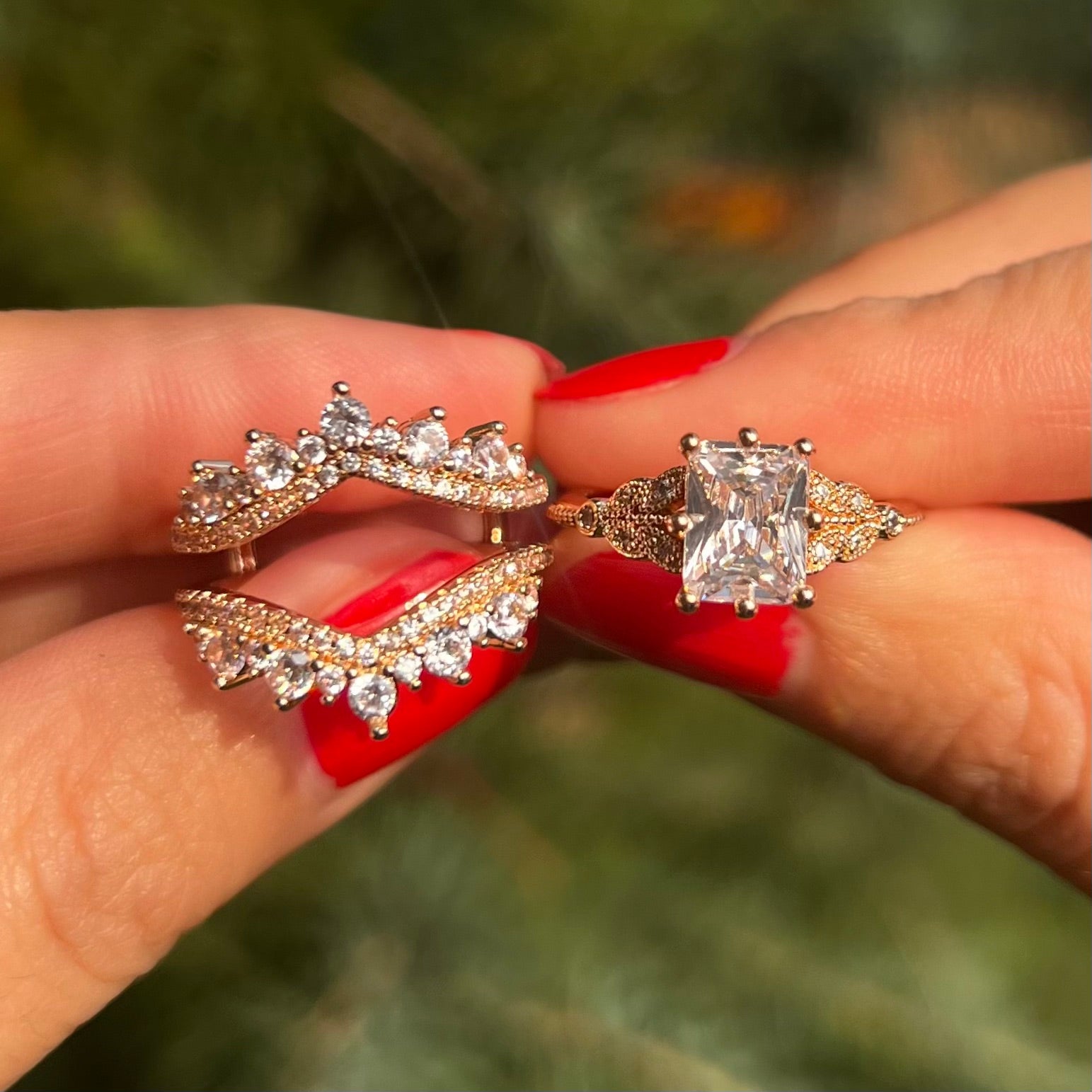 2 Pcs Radiant Cut Enhancer Rose Golden Tone Wedding Bridal Set