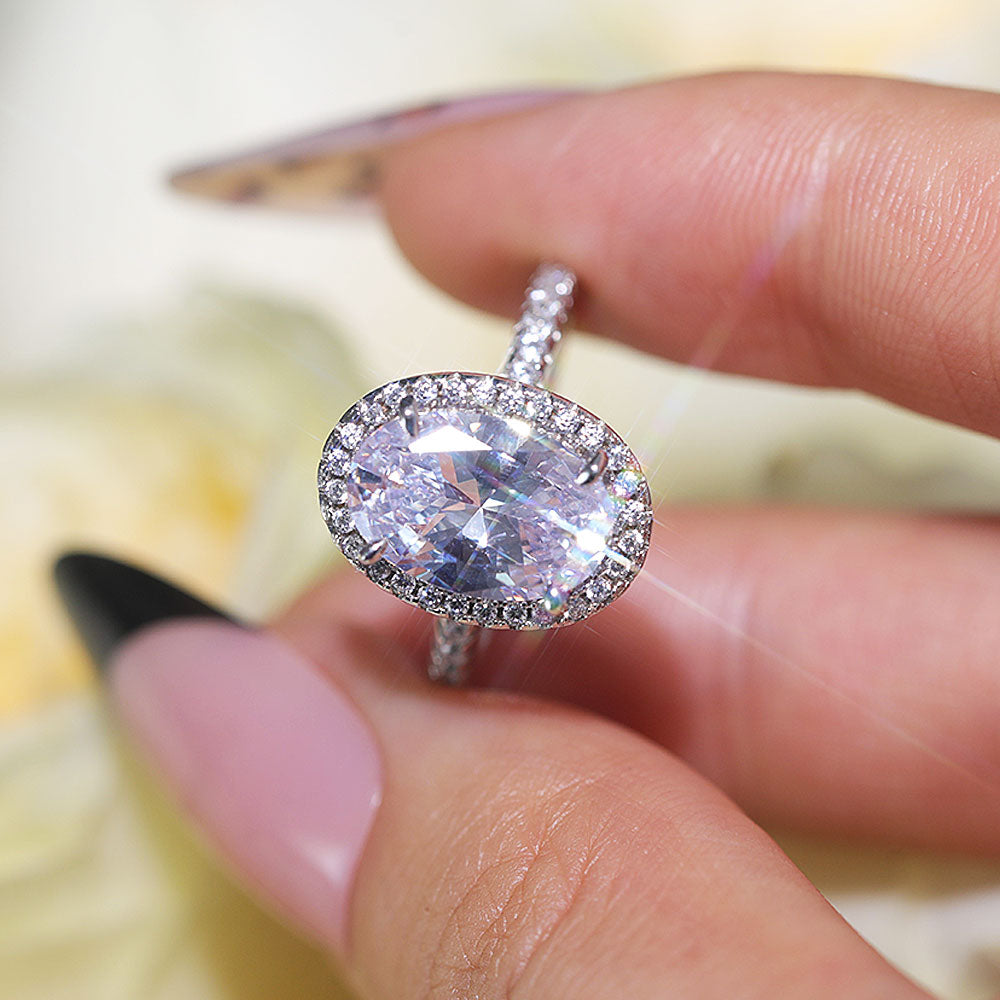 Stunning Oval Cut Halo Design Sterling Silver Engagement Ring