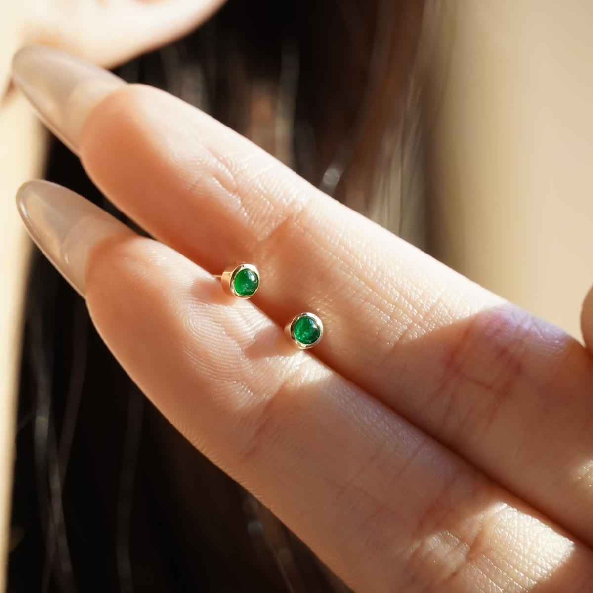 Vintage mini Golden Tone Green Stud Earrings in Sterling Silver