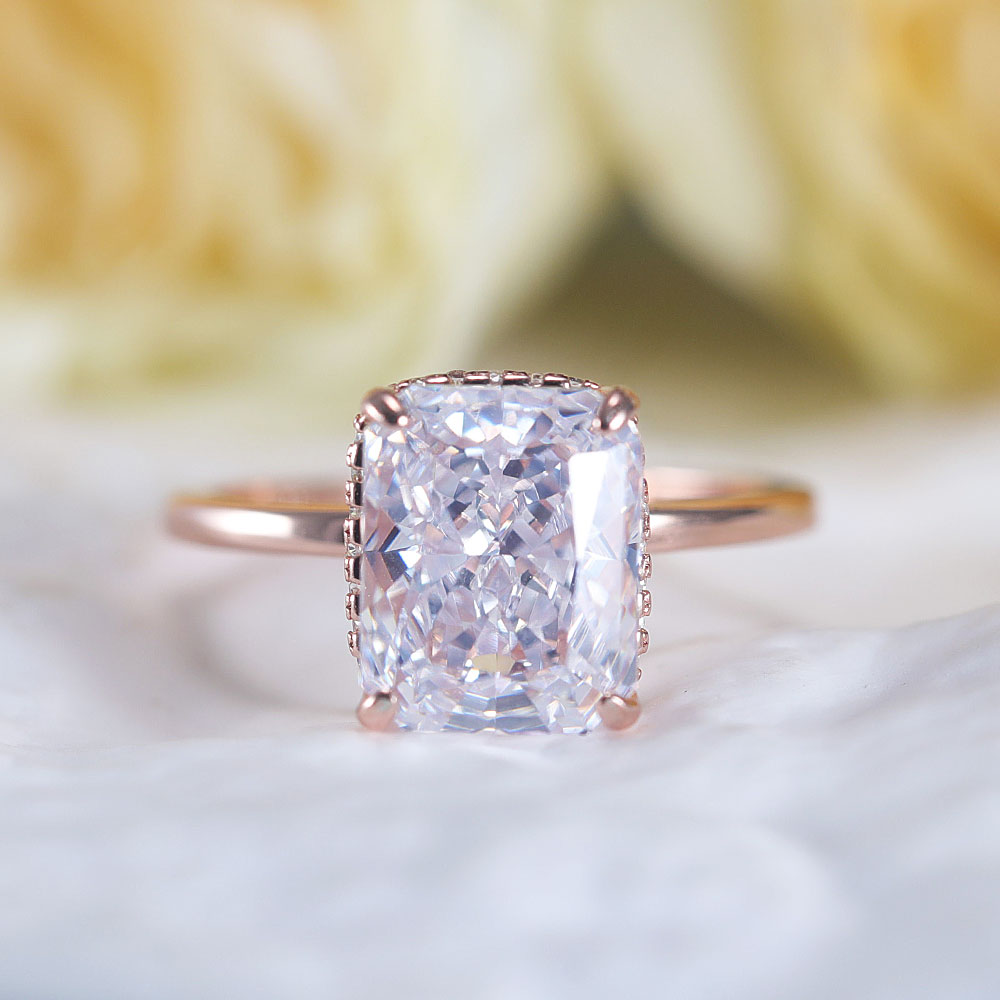 Stunning Hidden Halo Design Radiant Cut Sterling Silver Engagement Ring