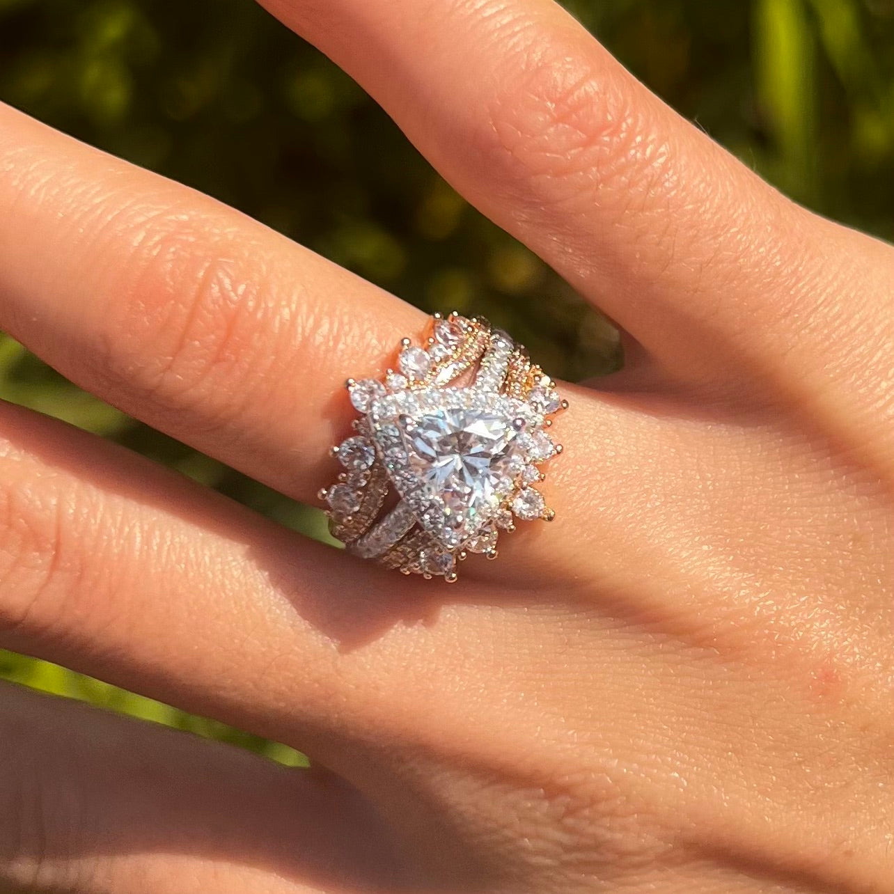 Two Tone Triangle Halo Sterling Silver Bridal Set With Insert Band