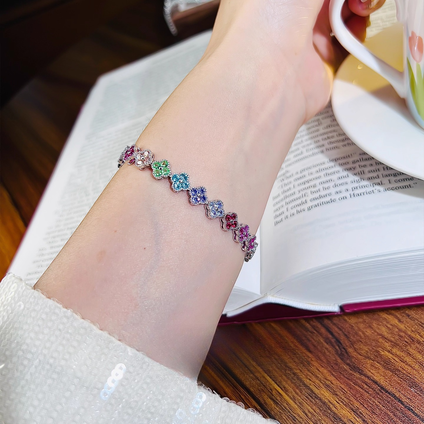 Clovers Design Multicolor Gemstone Bracelet in Sterling Silver