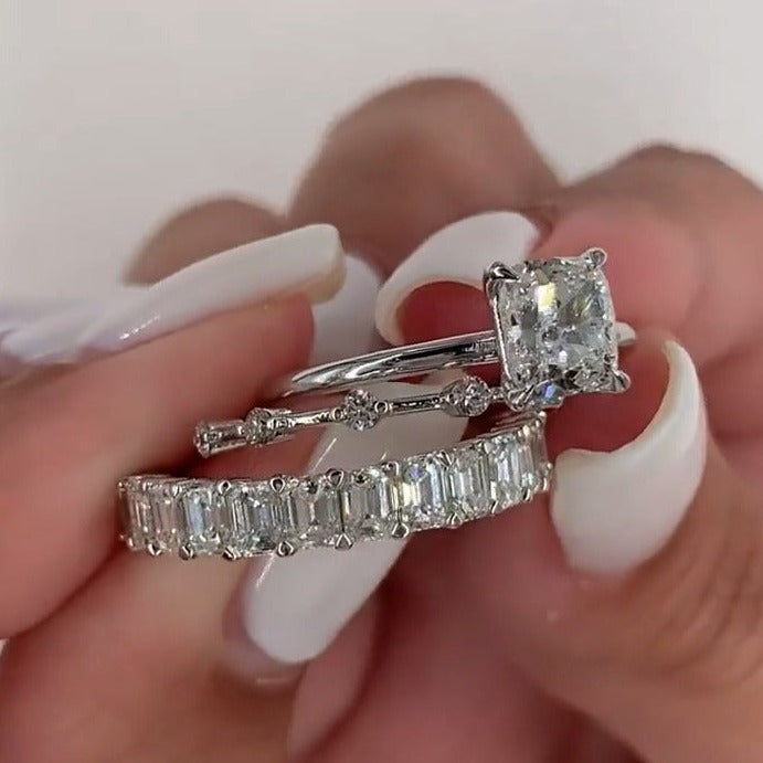 3pcs Cushion Cut with Emerald Band Bridal Set Rings In Sterling Silver