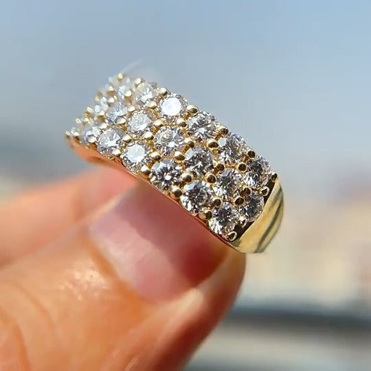 Triple Row Round Cut Wedding Band in Golden Tone