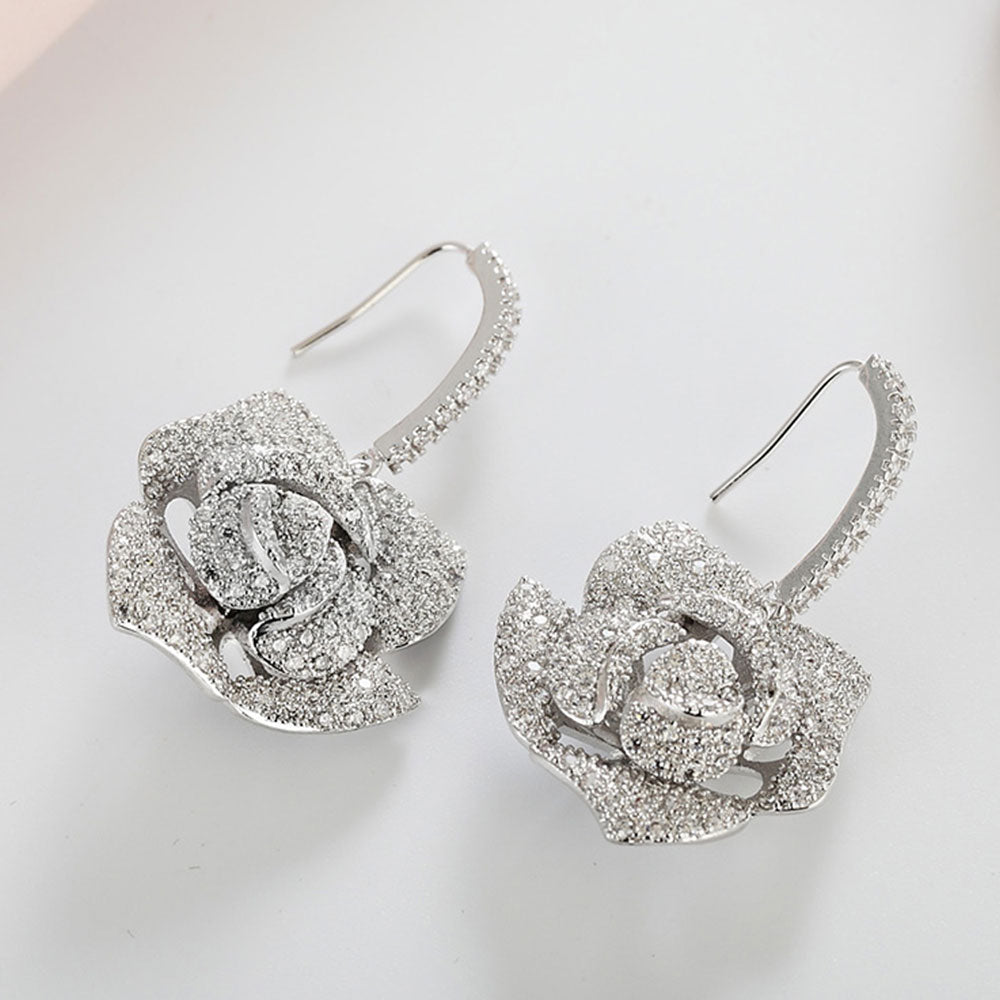 Rose Design Drop Earrings In Silver Tone