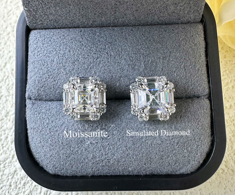 Asscher Cut Moissanite Silver Stud Earrings