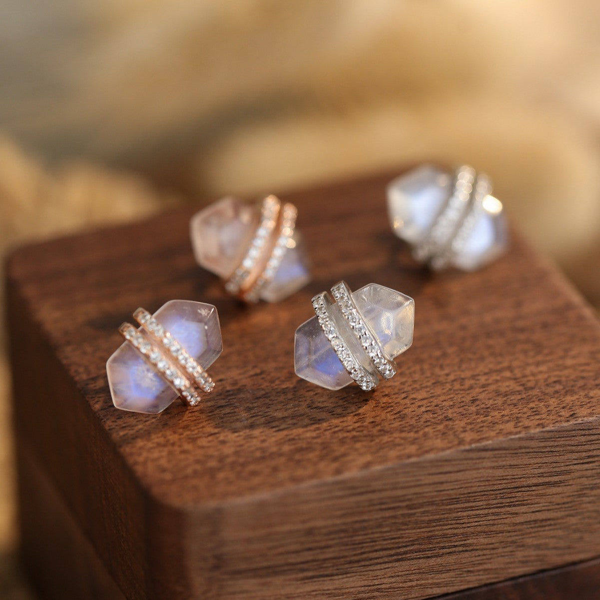 Unique Design Moon Stone Sterling Silver Stud Earrings