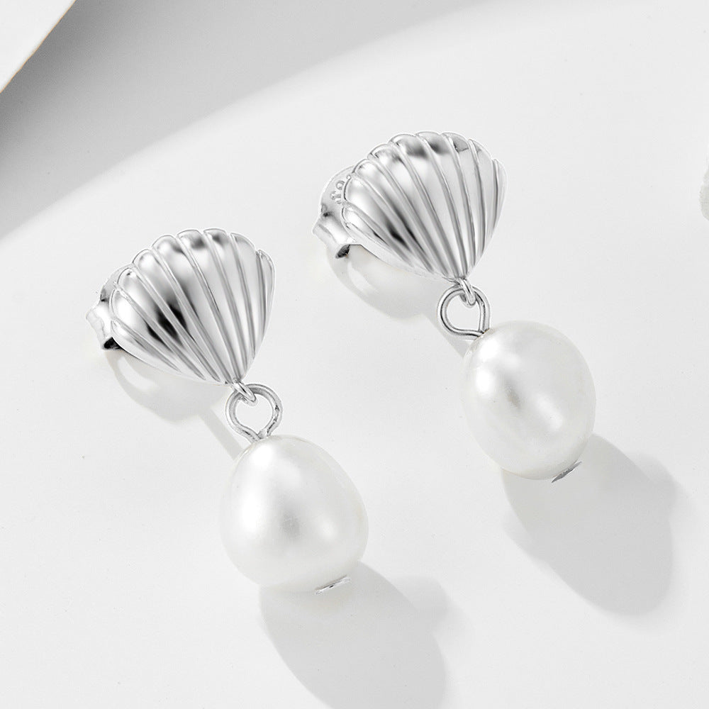 Shell Design Sterling Silver Shell Pearl Earrings