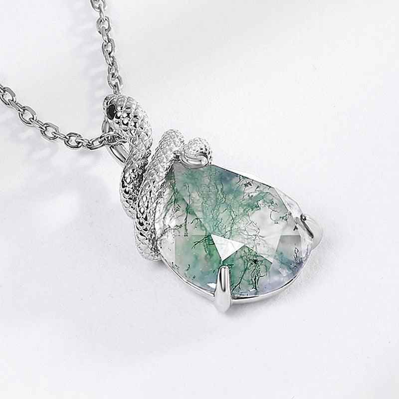 Snake Coiled Natural Green Moss Agate Pendant Necklace