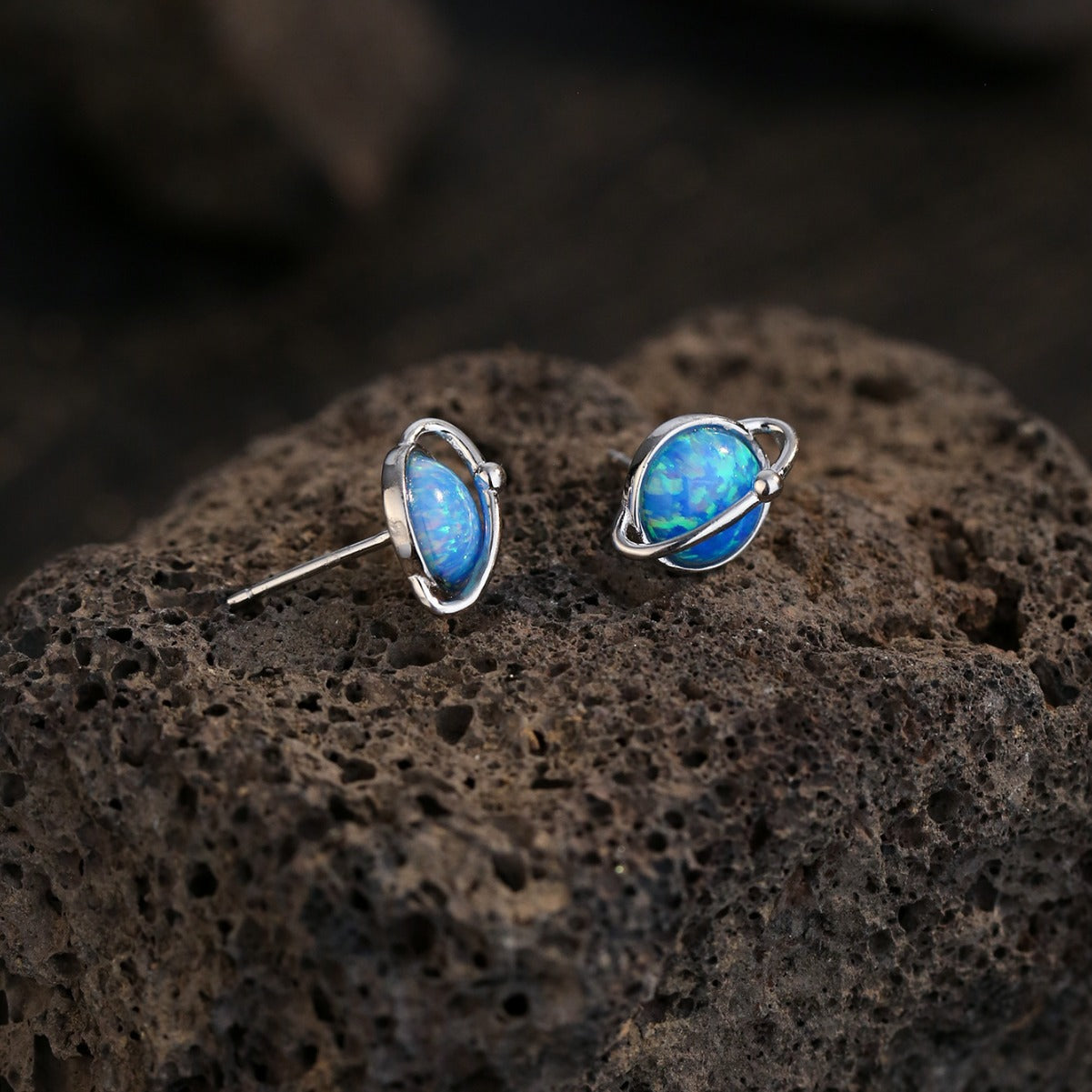 Retro Blue Earth Design Opal Stud Earrings