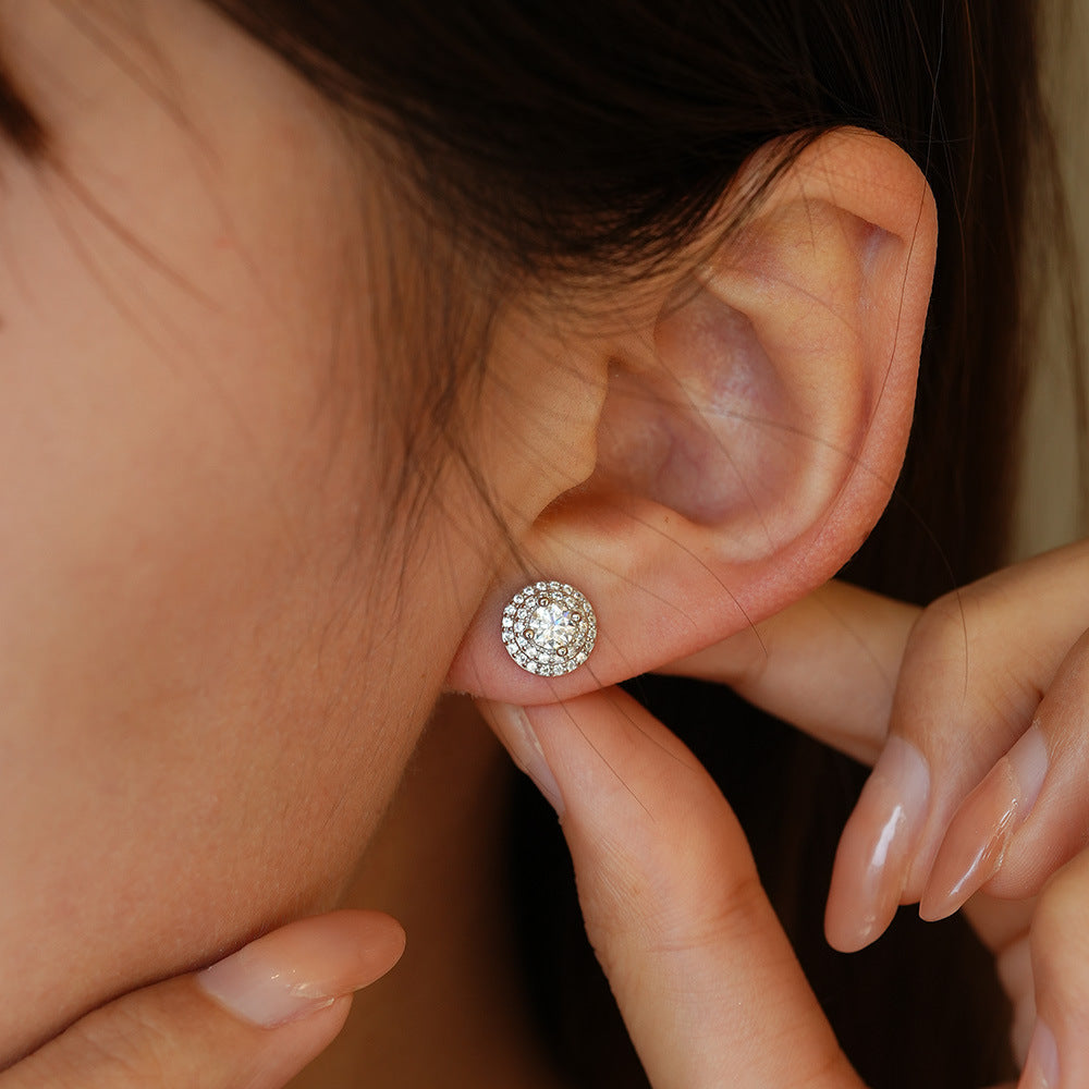 Round Double-Layer Luxurious S925 Sterling Silver Moissanite Stud Earrings