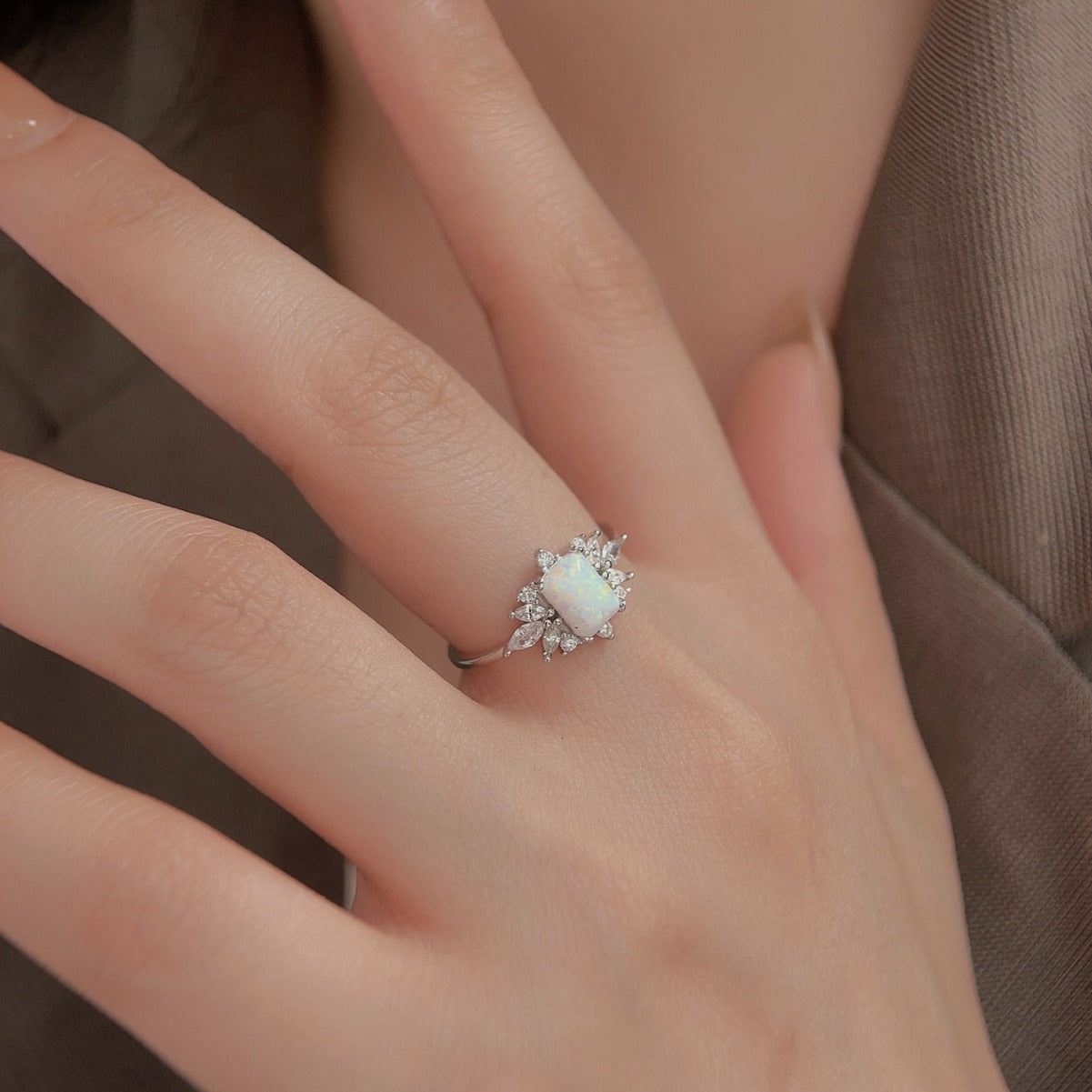 Sweet Leaves Design Opal Sterling Silver Ring