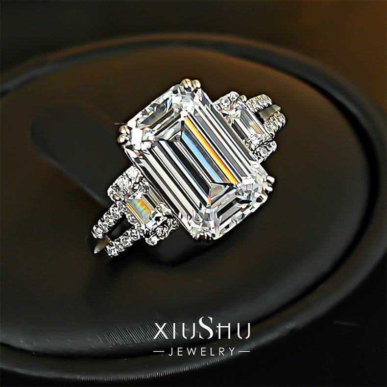 Emerald-Cut Three-Stone Engagement Ring in 925 Sterling Silver