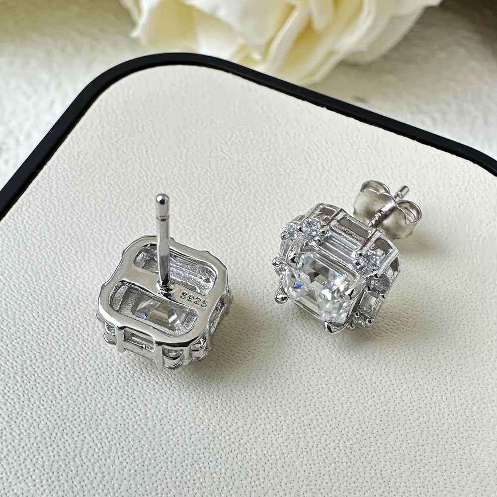 Asscher Cut Moissanite Silver Stud Earrings