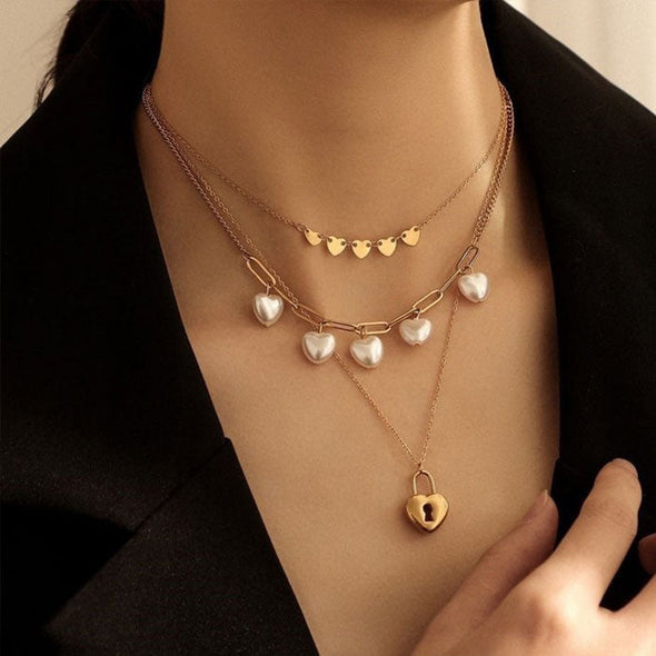 INS Triple Pearl Love Lock Stainless Steel Necklace