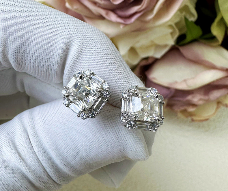 Asscher Cut Moissanite Silver Stud Earrings
