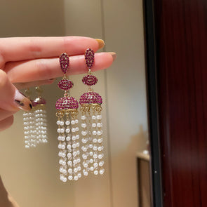 Rhinestones Paved Drop Earrings With Pearl Fringe