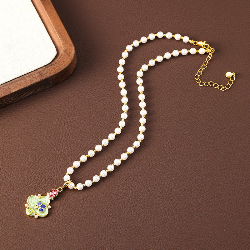 Enamel Flower Oil Painting Pearl Drop Earrings And Necklace