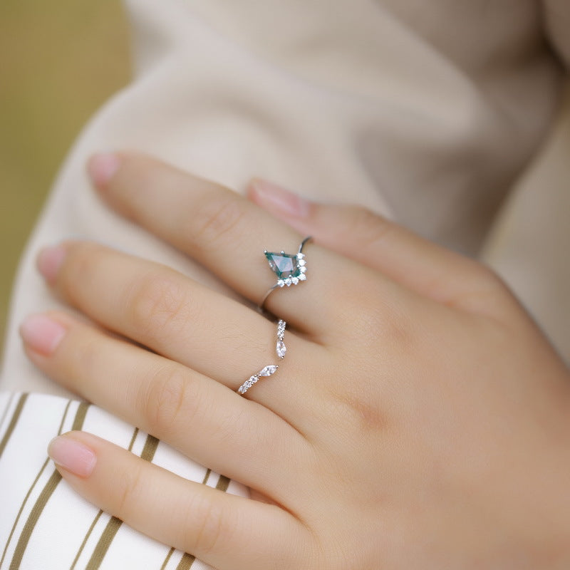Retro Natural Green Moss Agate Ring Set For Women