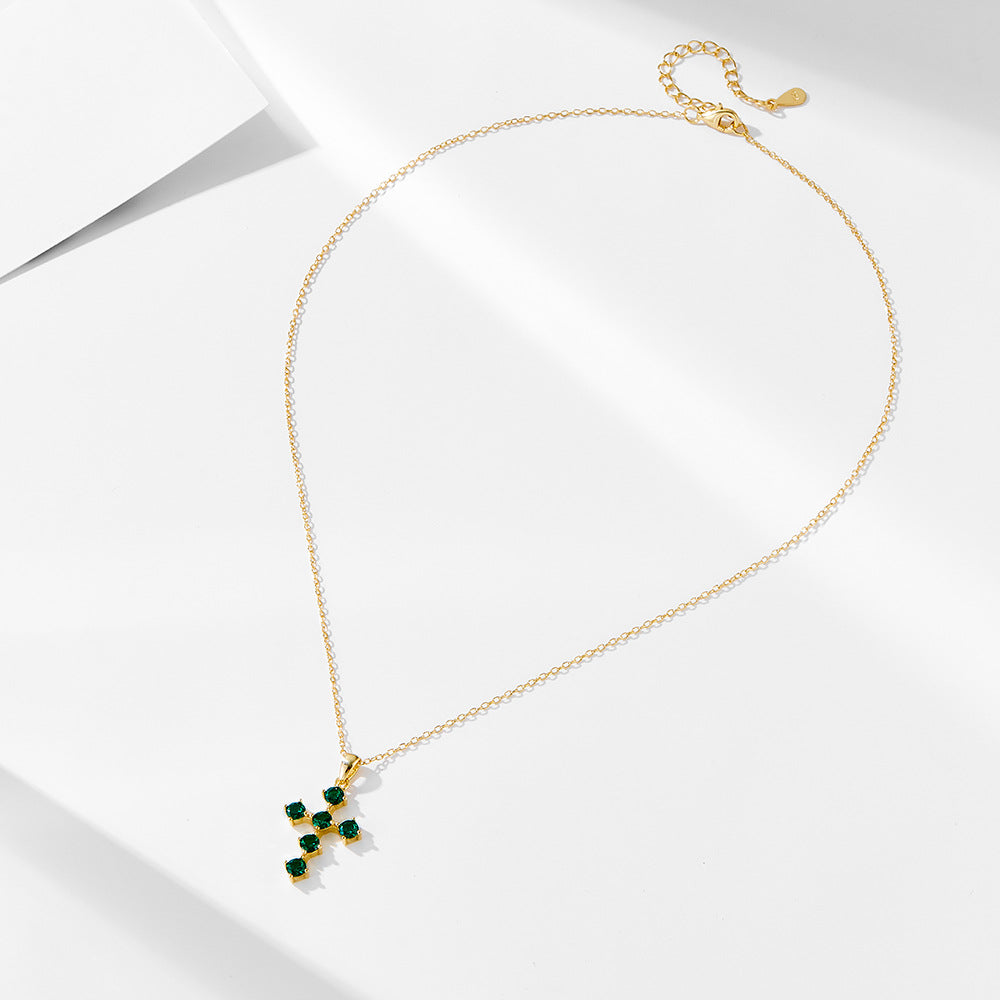 Vintage Emerald Green Cross Design Sterling Silver Necklace