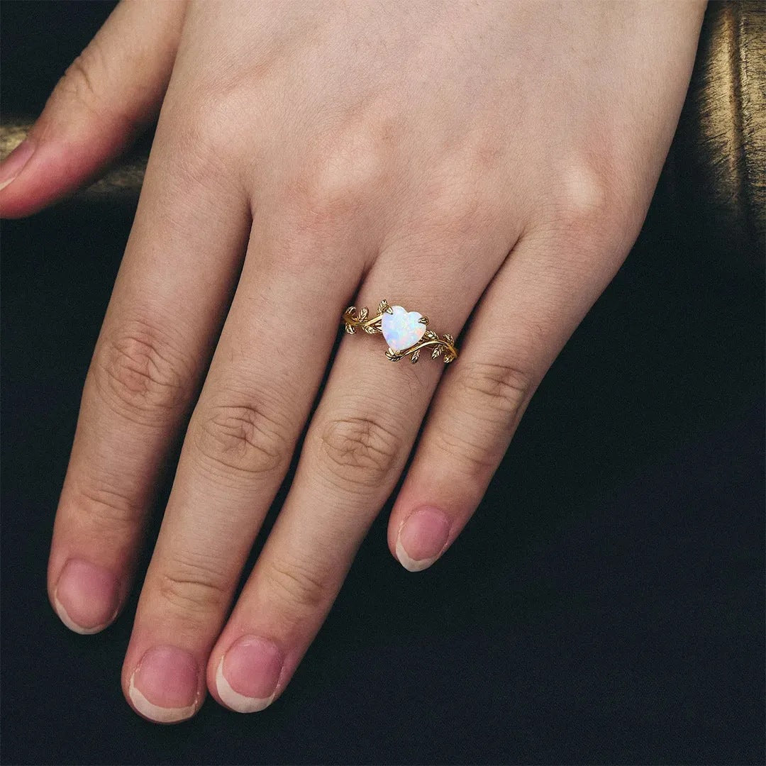 Retro Leaves Design Heart Shape Opal Ring