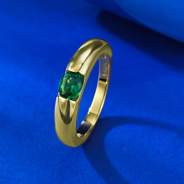 Luxurious Green Oval Cut Sterling Silver Engagement Ring in Golden Tone