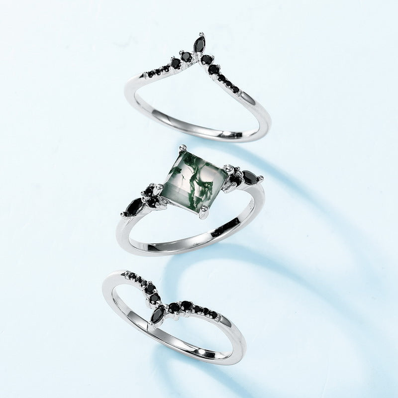 3 Pcs Geometric Natural Black And Green Moss Agate Ring Set