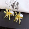 Chic Golden Tone Flower Pearl Stud Earrings