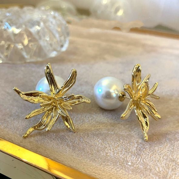Chic Golden Tone Flower Pearl Stud Earrings