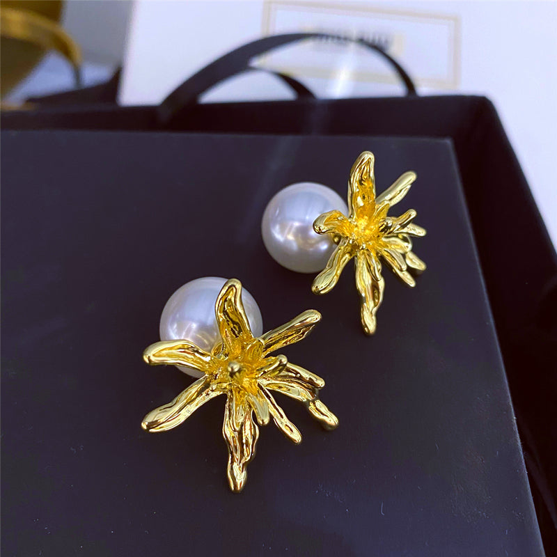Chic Golden Tone Flower Pearl Stud Earrings