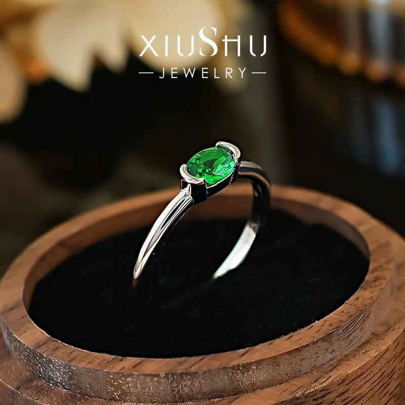 Simple Green Oval Cut Sterling Silver Ring