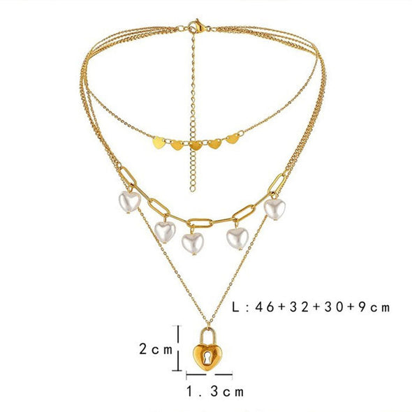 INS Triple Pearl Love Lock Stainless Steel Necklace