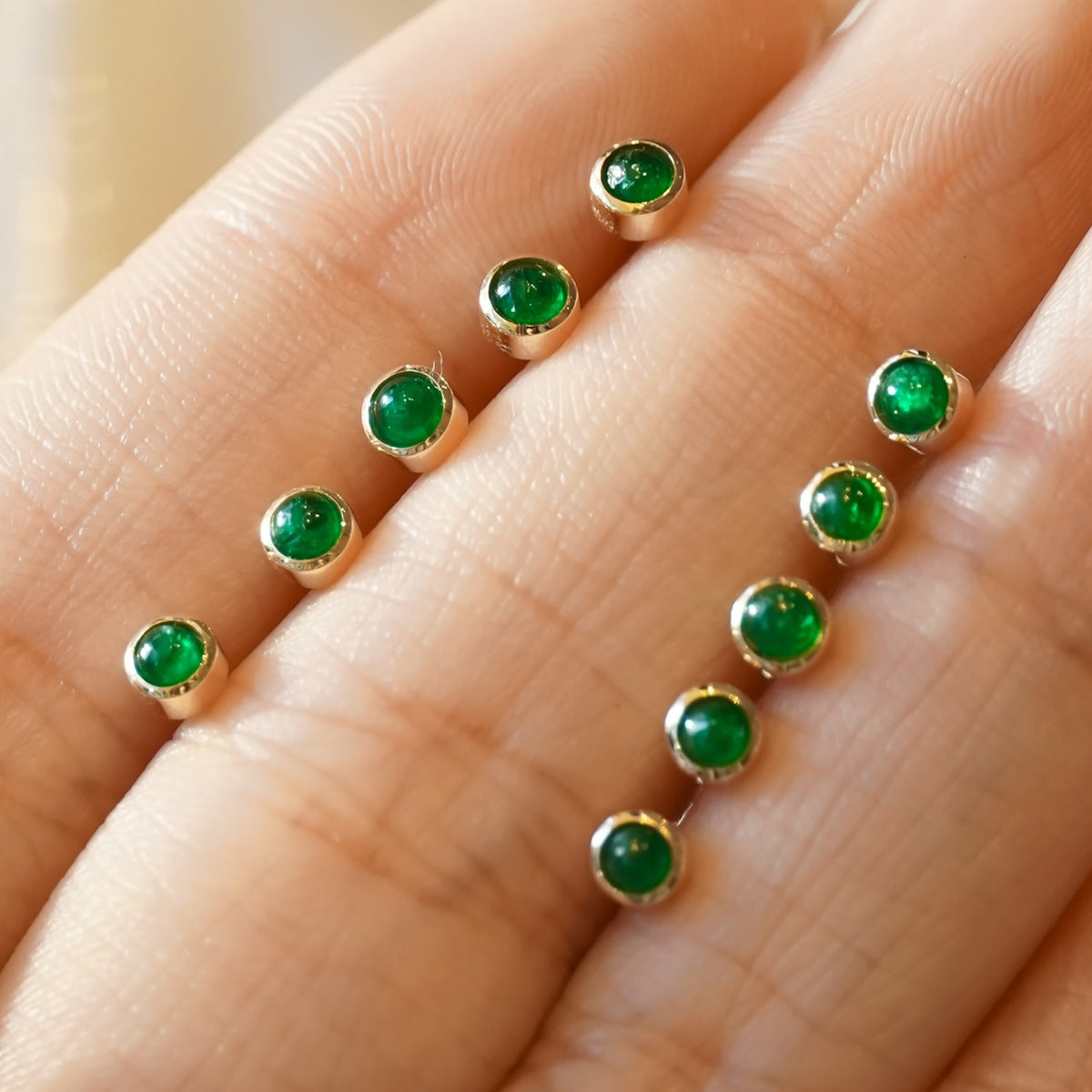 Vintage mini Golden Tone Green Stud Earrings in Sterling Silver