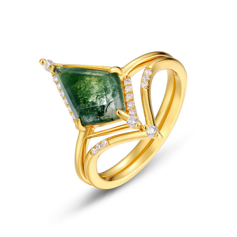 Geometric Natural Green Moss Agate Ring Set