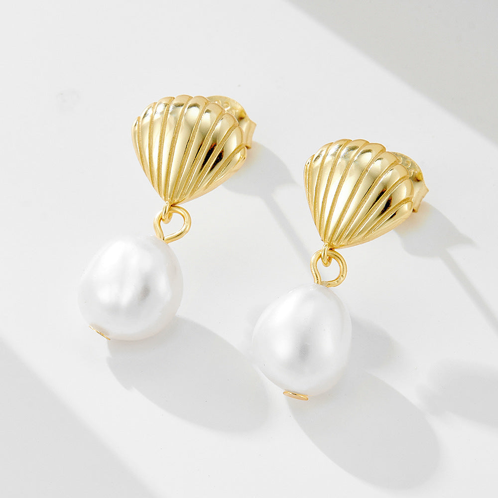 Shell Design Sterling Silver Shell Pearl Earrings