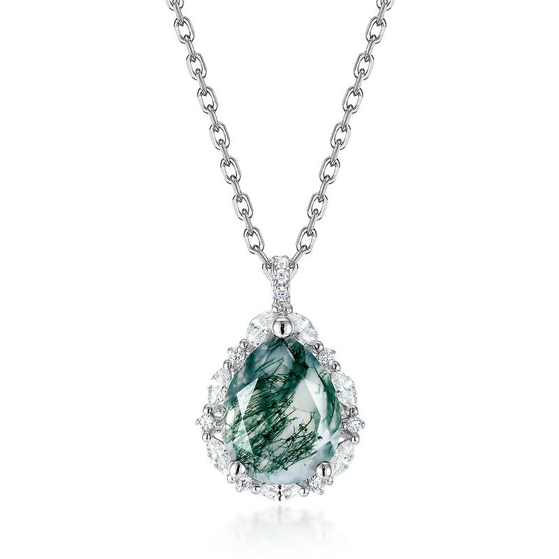 Pear Shape Halo Green Moss Agate Pendant Necklace