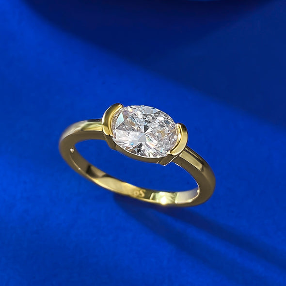 Exquisite Oval Cut Golden Tone Engagement Ring in Sterling Silver