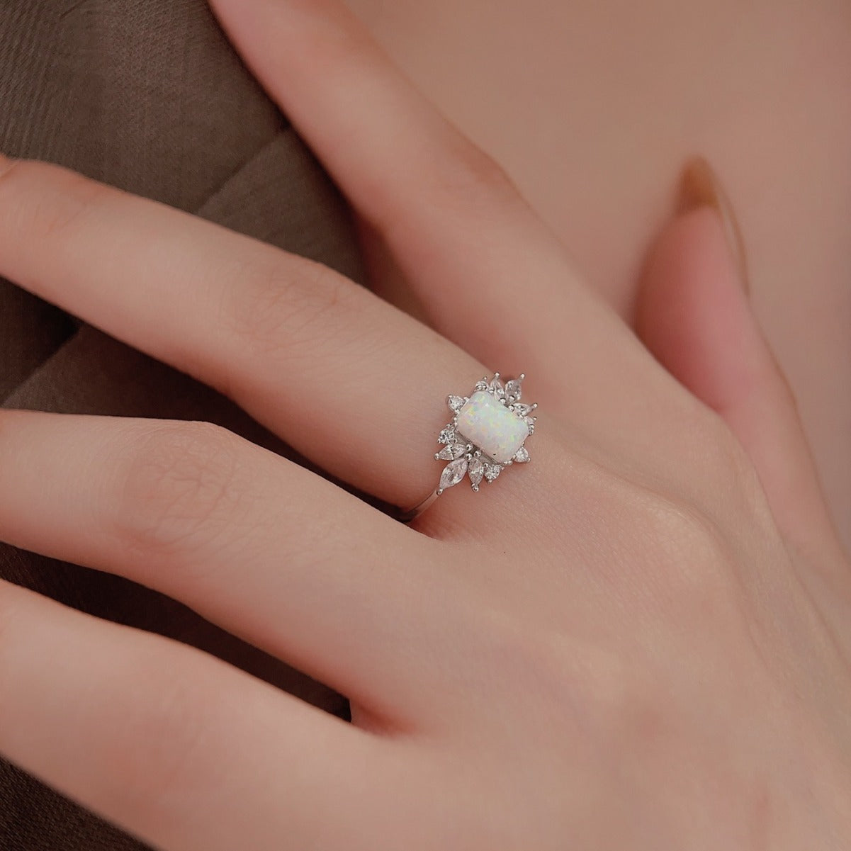 Sweet Leaves Design Opal Sterling Silver Ring