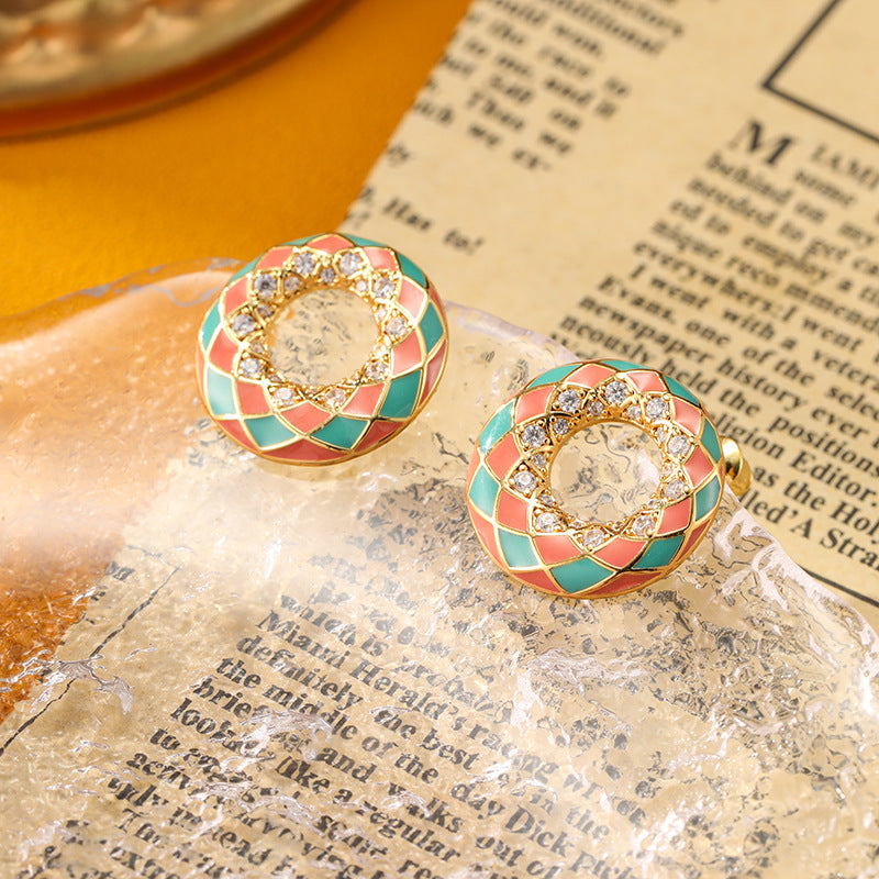 Simple Geometric Round Enamel Silver Earrings