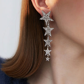 Asymmetric Pentagram Pearl Fringe Drop Earrings