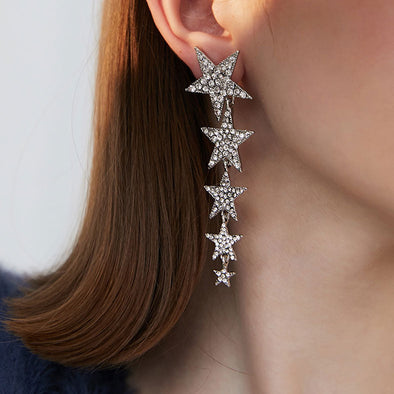 Asymmetric Pentagram Pearl Fringe Drop Earrings