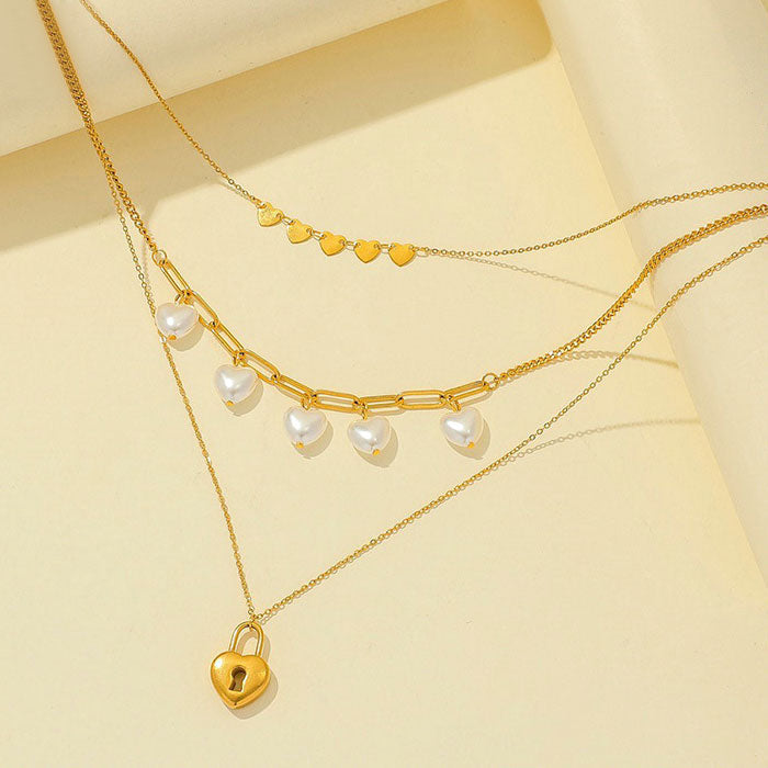 INS Triple Pearl Love Lock Stainless Steel Necklace