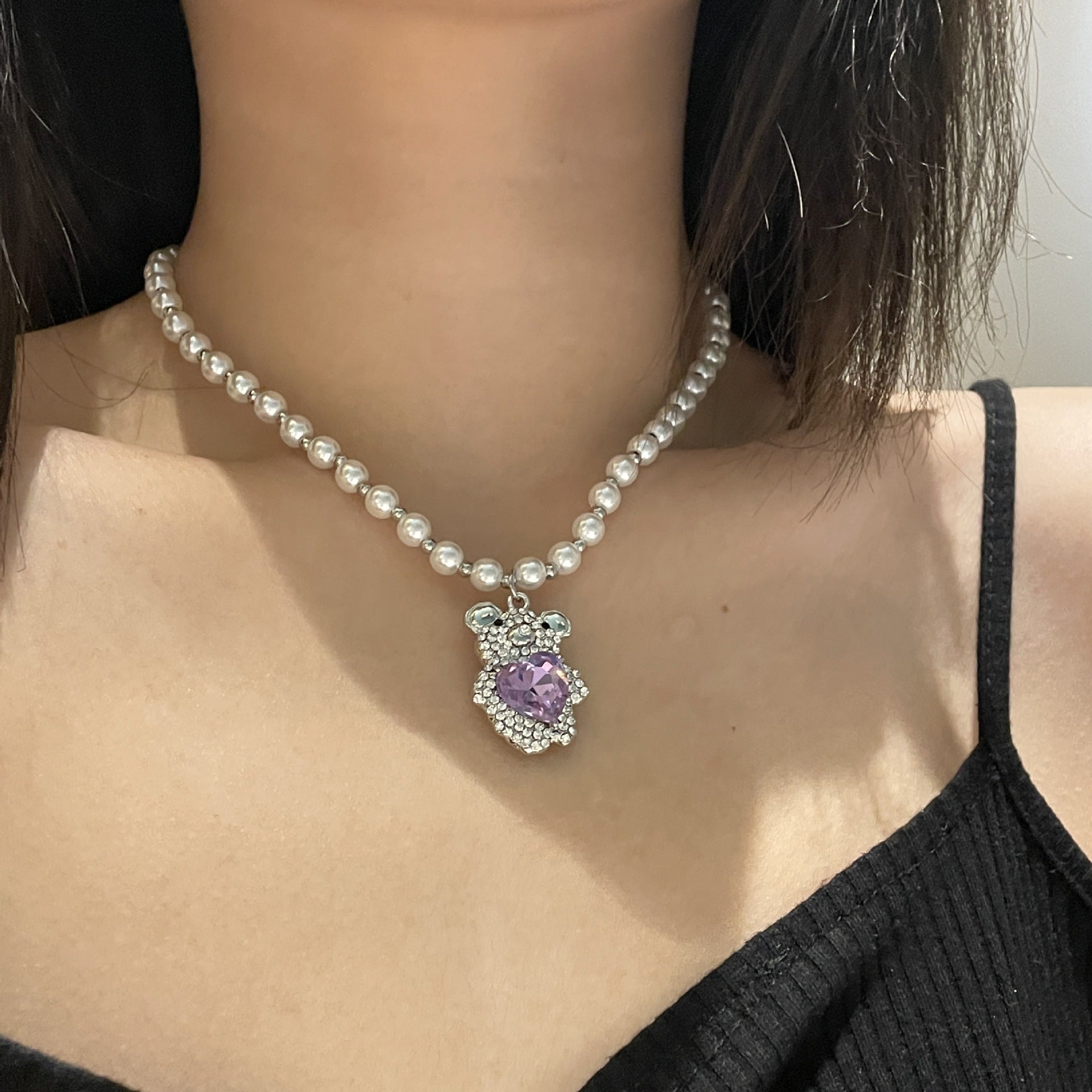 Chic Purple Heart Pearl Bear Pendant Necklace